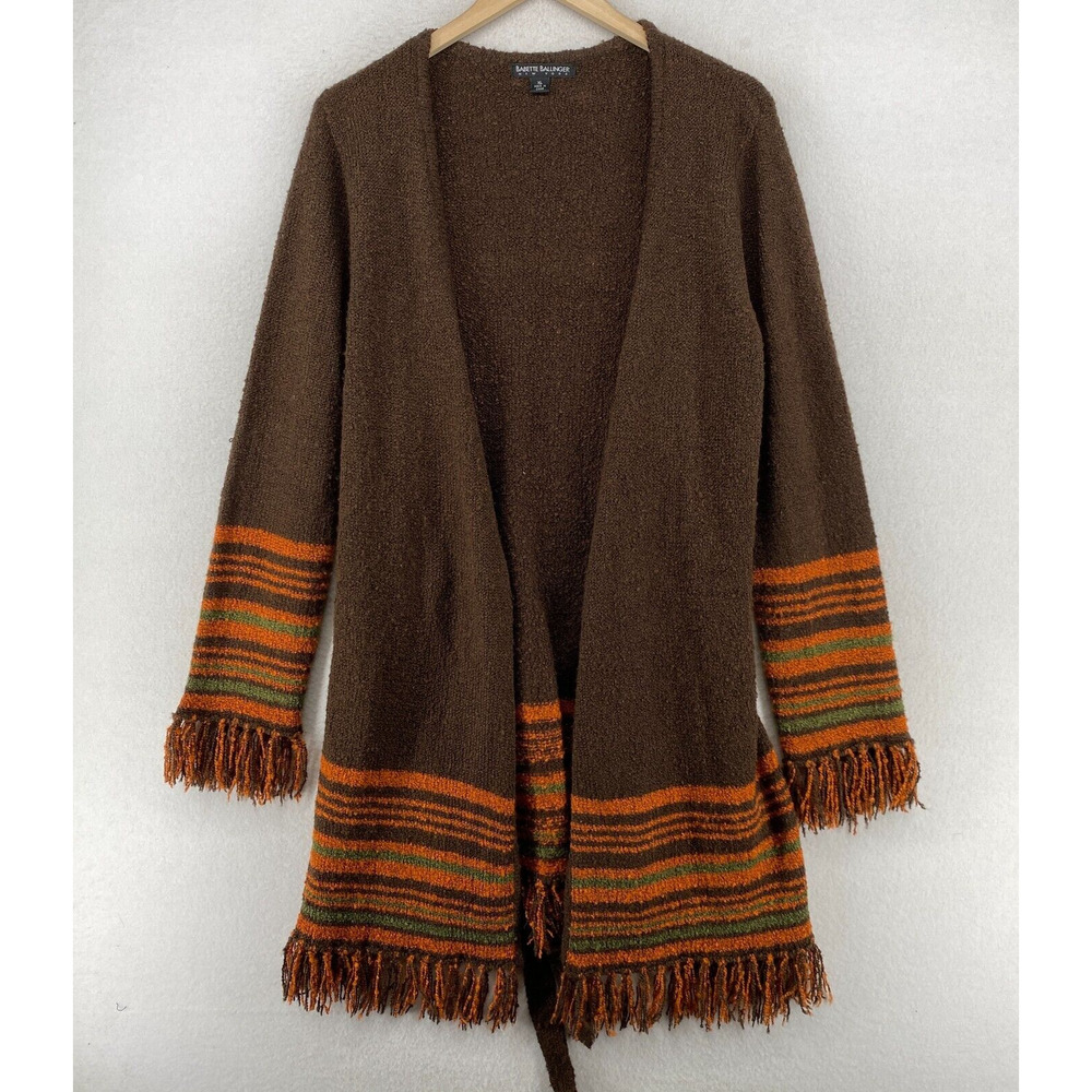 BABETTE BALLINGER Sweater XL Nubble Wrap Cardigan Striped Fringed Brown Orange